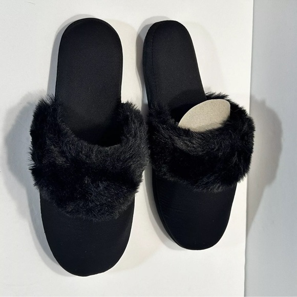 INC Slippers L 9/10 Black Satin Faux Fur Slip On Slides Soft Comfort Foam New - Picture 5 of 5